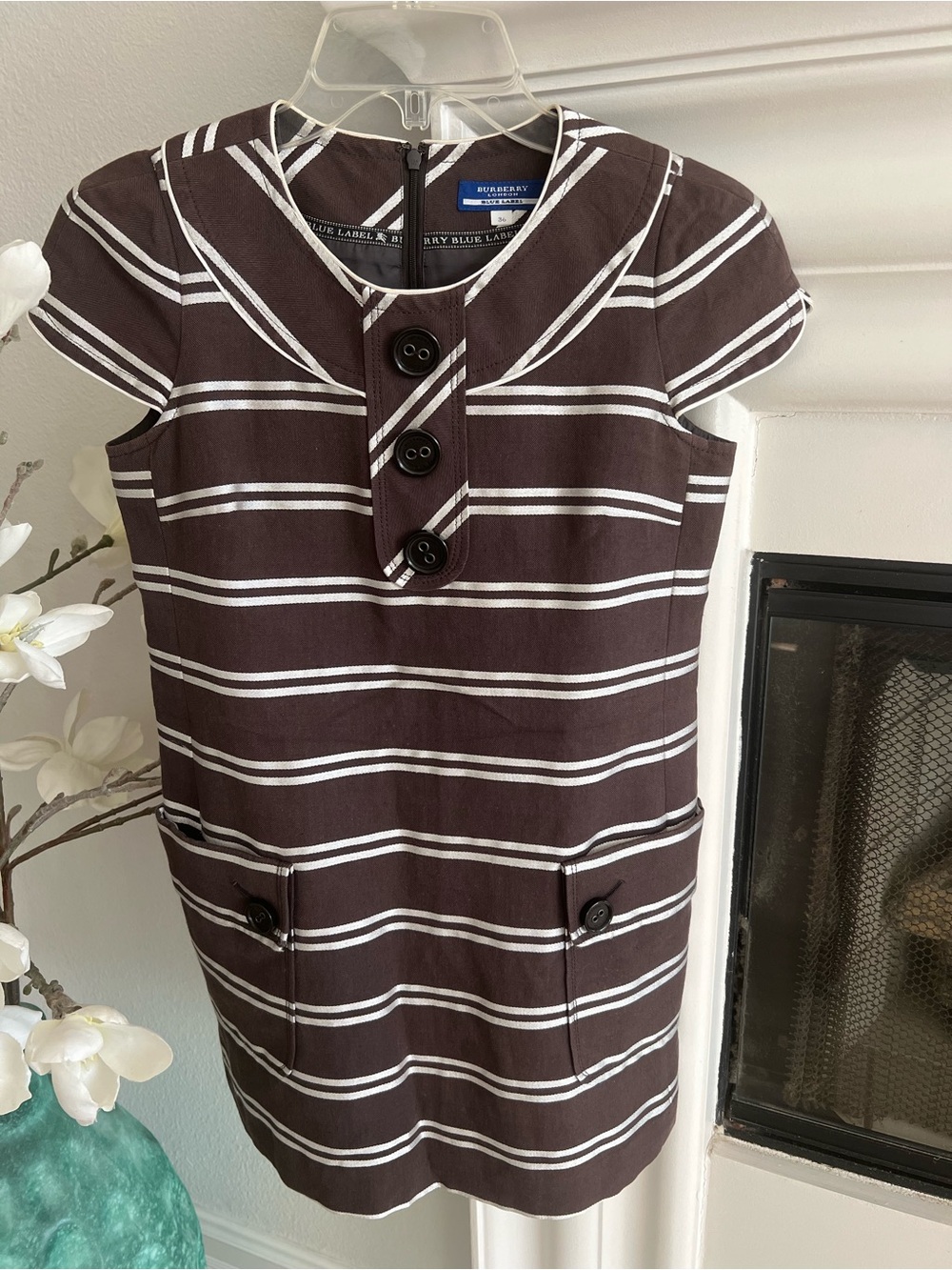 Burberry London Brown & White Striped Cap-Sleeve Dress